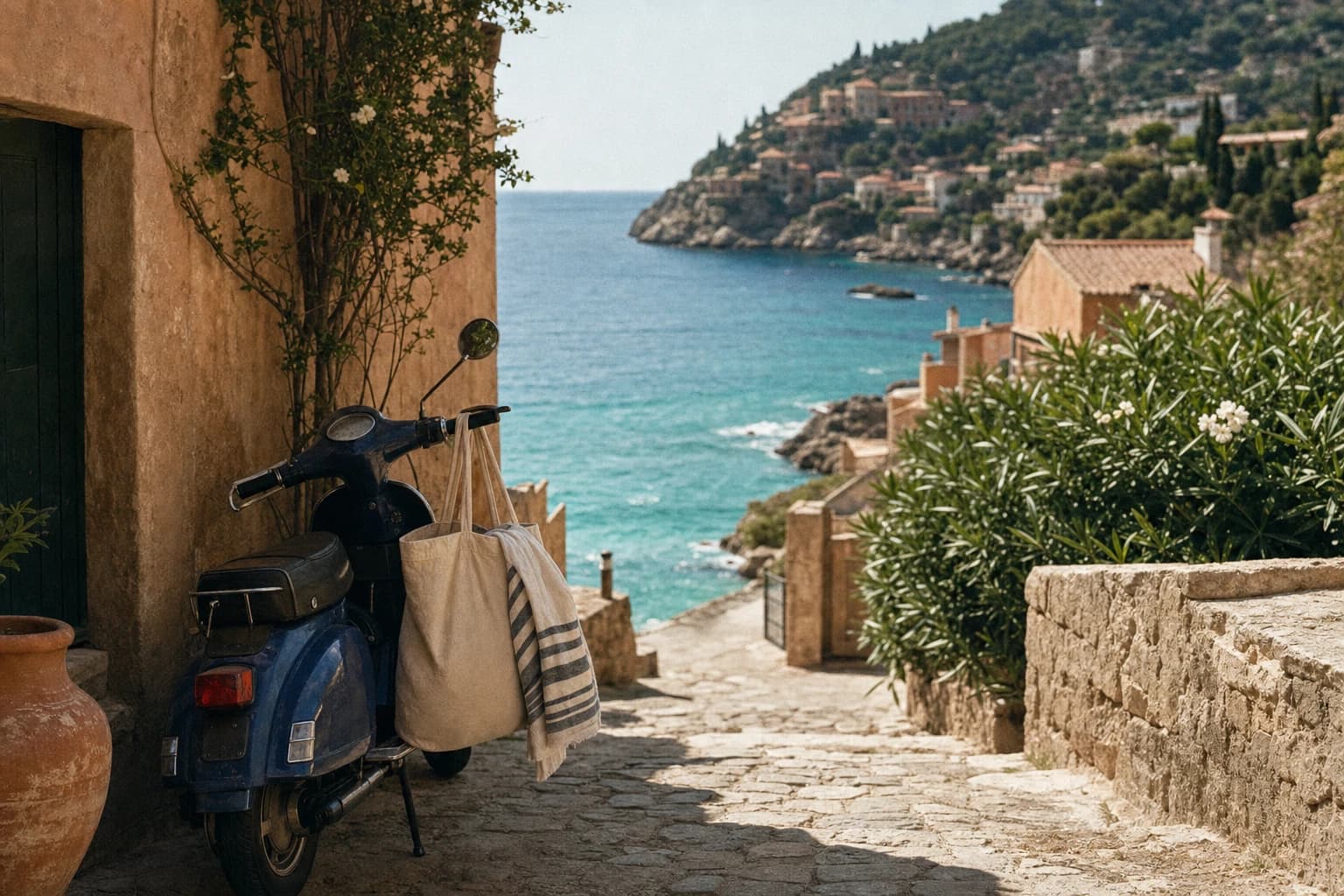 Sunlit coastal lane leading toward turquoise water