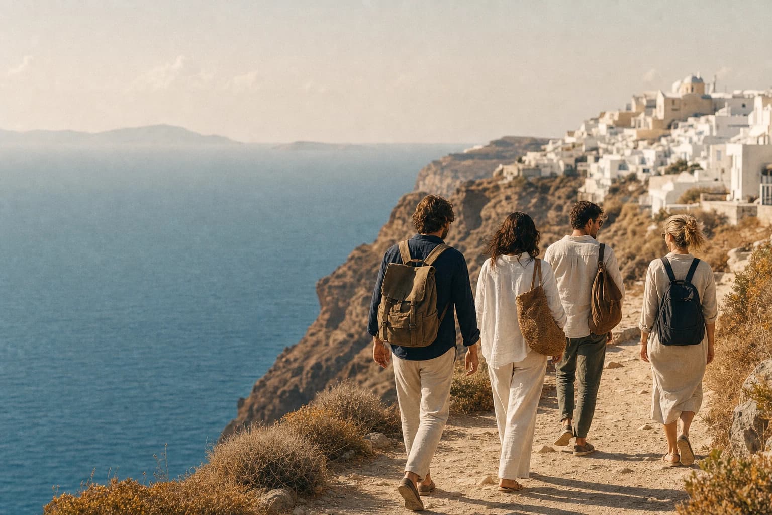 Friends walking together above a bright coastal village