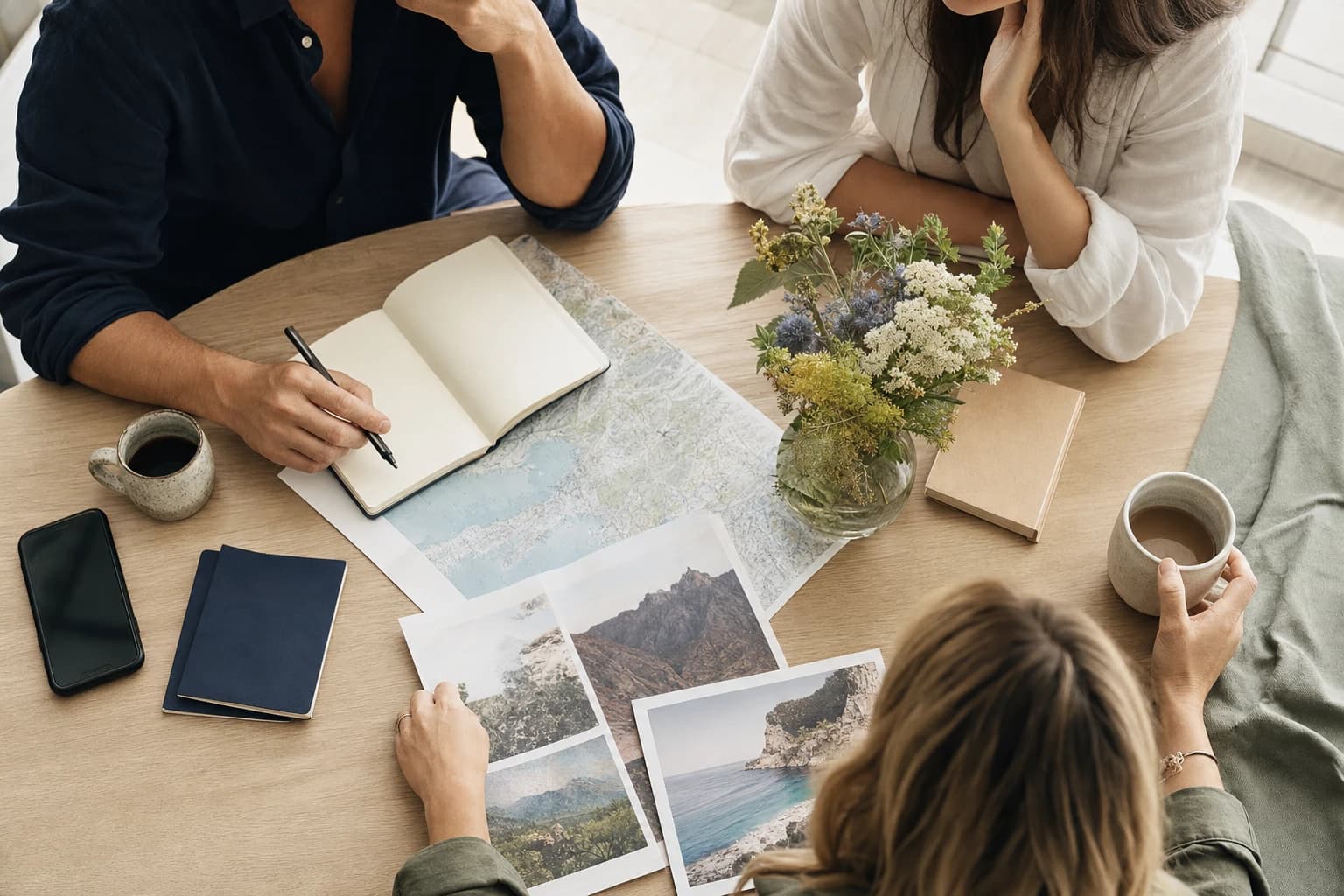 Friends planning a trip around a table with notebooks and coffee